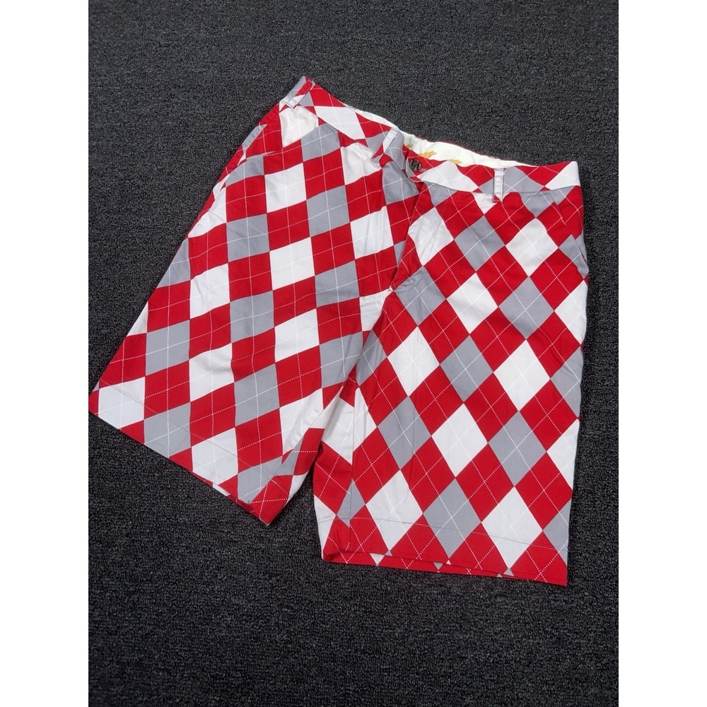 Loudmouth Golf Shorts Men's 36 Red Geometric Argyle Performance 11"